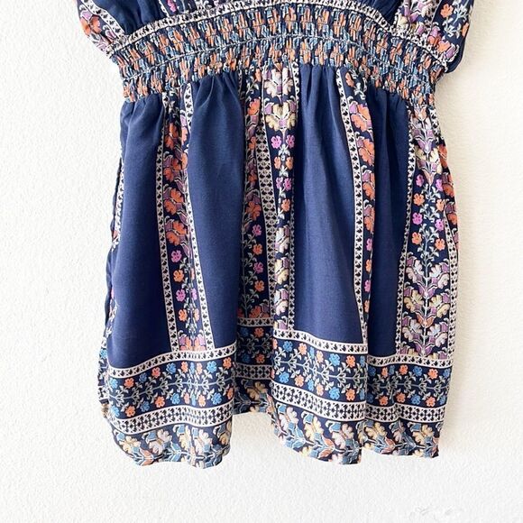 Blush Navy Bohemian Border Floral Print Smocked Casual Cami Tank Top - Picture 8 of 14